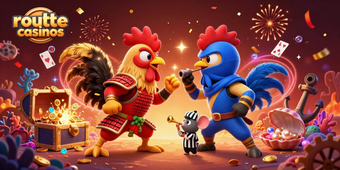 Experience the excitement at roulette casinos with a dynamic showdown between roosters in a vibrant setting.