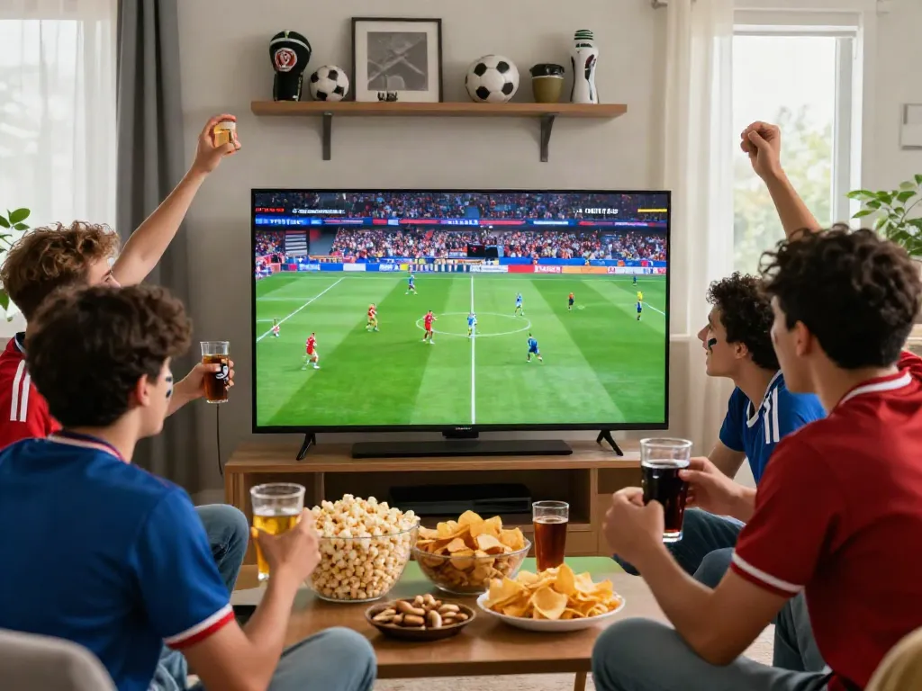 Exciting live viewing experience of xôi lạc tv with friends enjoying football match at home.