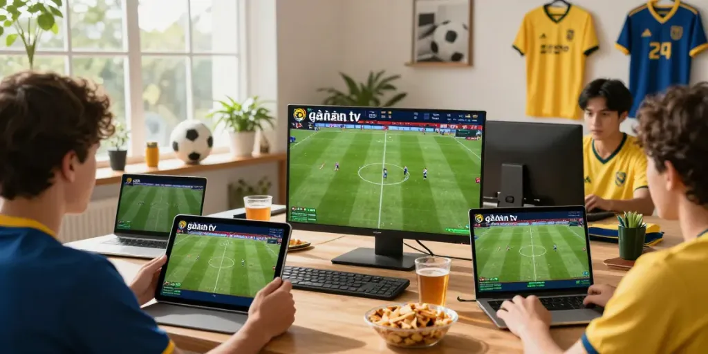 Excited viewers enjoying football match on gà vàng tv in a vibrant room