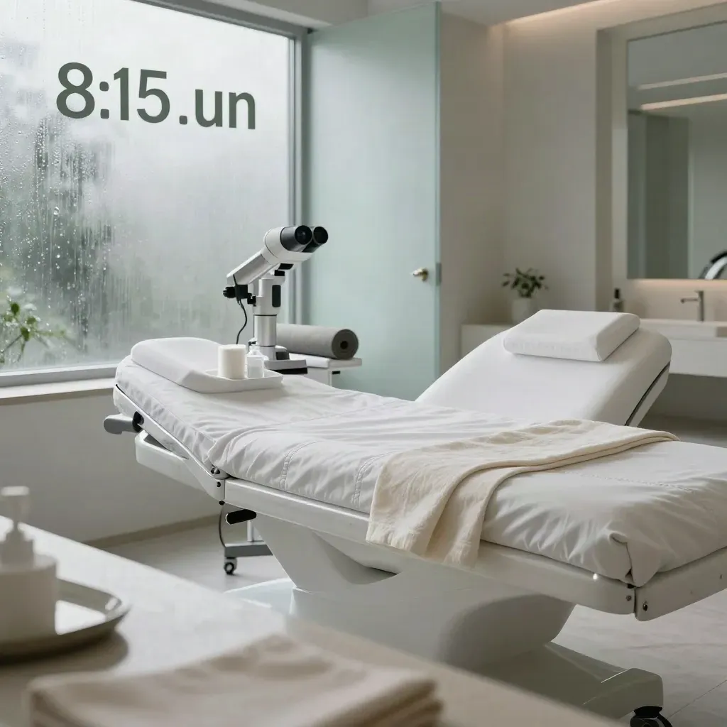Rain-fresh treatment suite with bed, dermatoscope, linens and frosted glass in soft morning light
