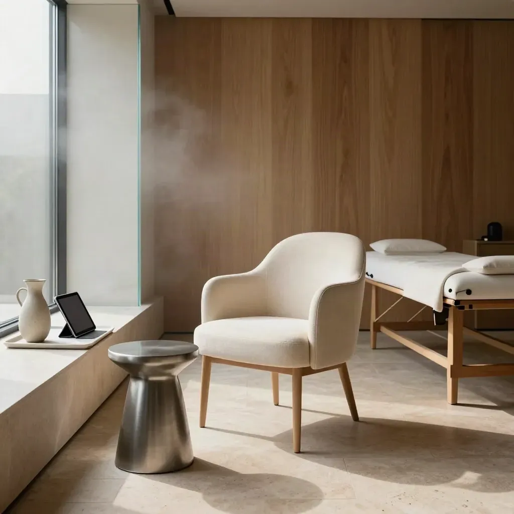 Quiet consultation room with chair, divider, carafe and tablet in warm daylight.