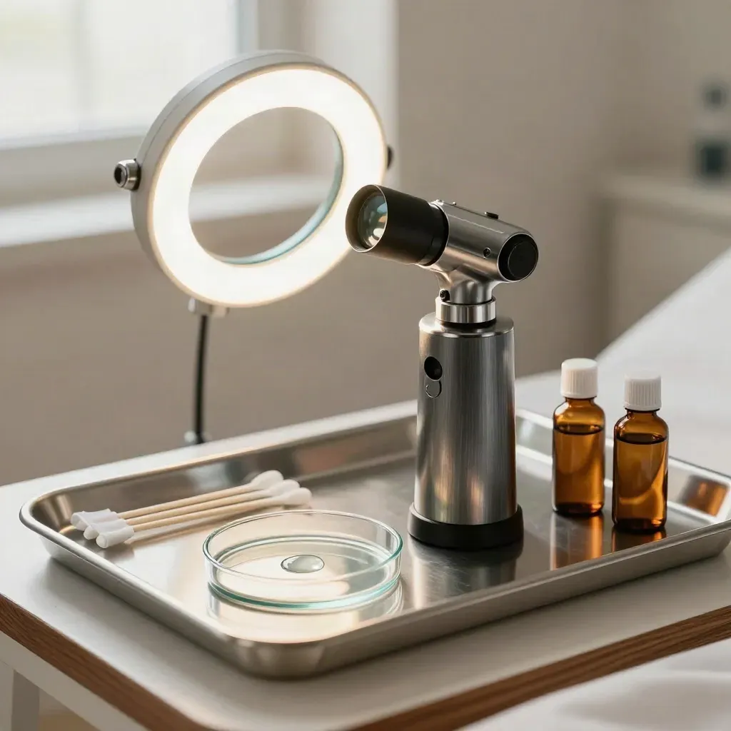 Dermatoscope, swabs, petri dish and skincare vials on a clinic tray under soft light.