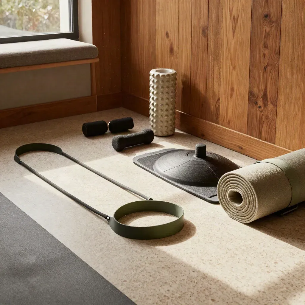 Rehab corner with bands, roller, balance pad, ankle weights and rolled mat in warm afternoon light.