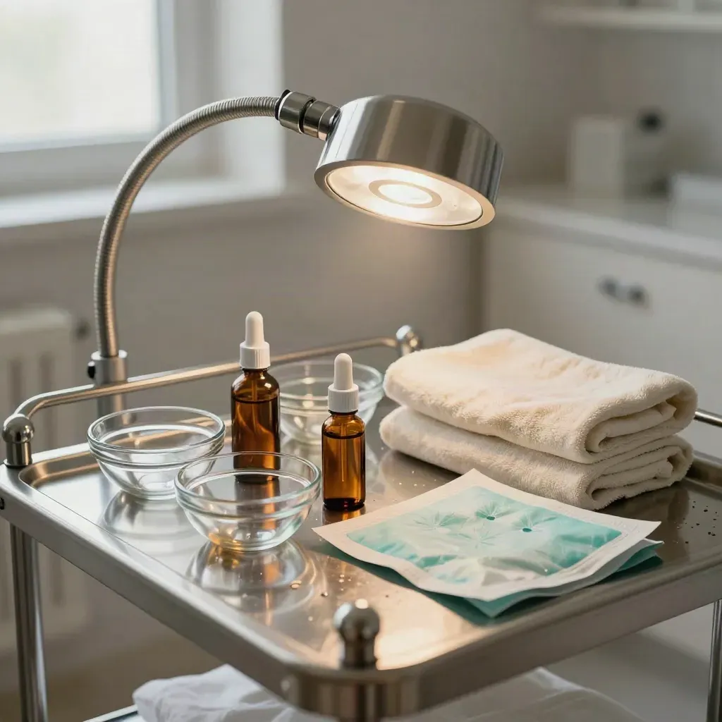 Dermatology trolley with lamp, bowls, serum vials, cooling mask pack and folded linen in a clean clinic.