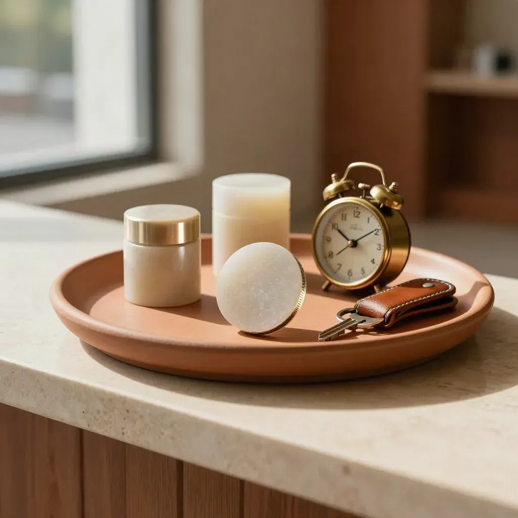Clinic tokens and brass clock on a terracotta tray in warm window light