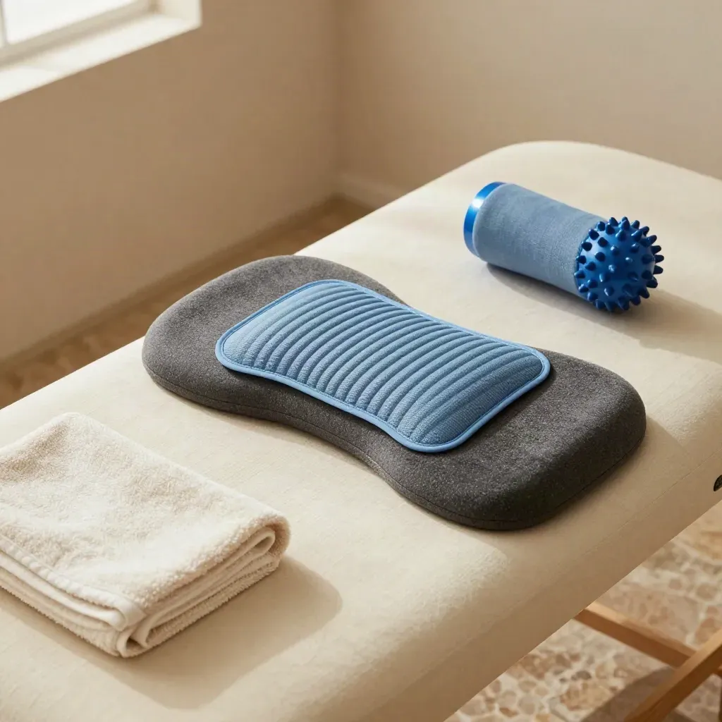 Pain relief kit arranged beside a treatment couch in a calm clinic interior.