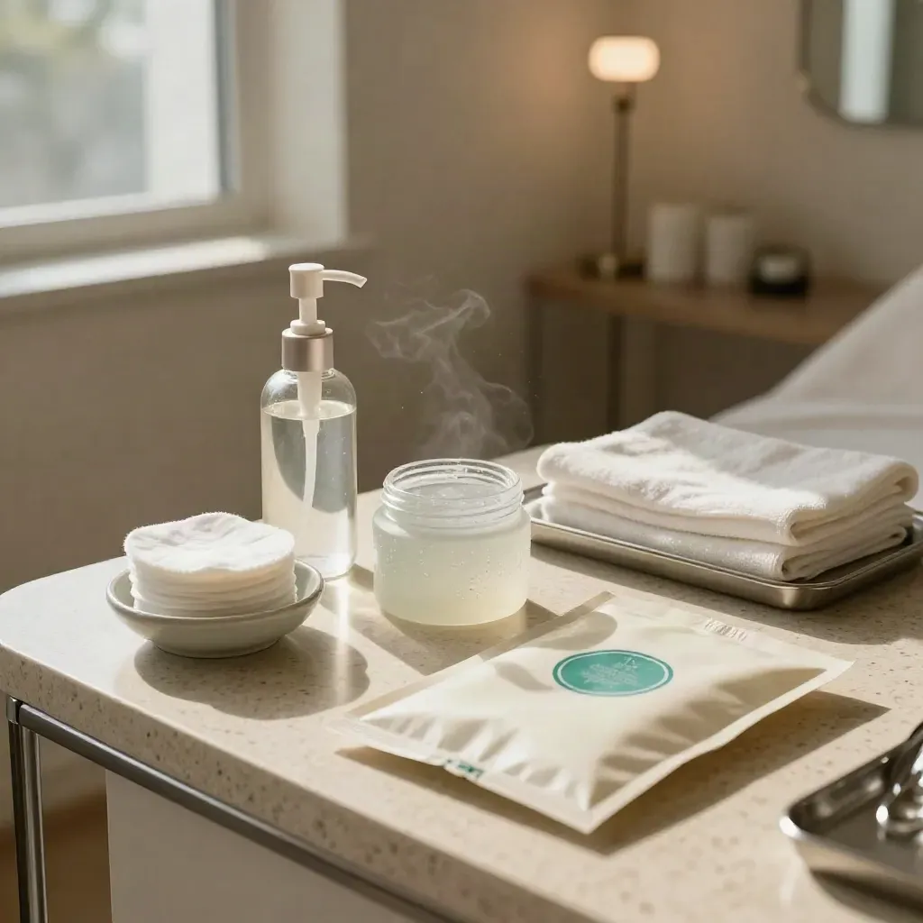 Skincare station with cleanser, cotton pads, cooling gel and a sealed follow-up kit in a calm clinic.