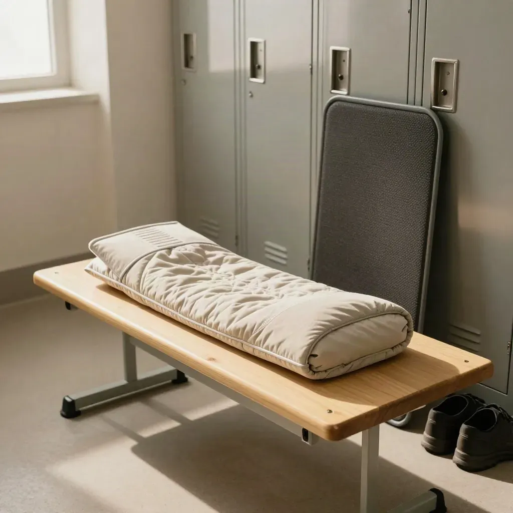 Clinic recovery corner with lumbar cushion, heat wrap, sleeve, mat, and shoes on a bench.