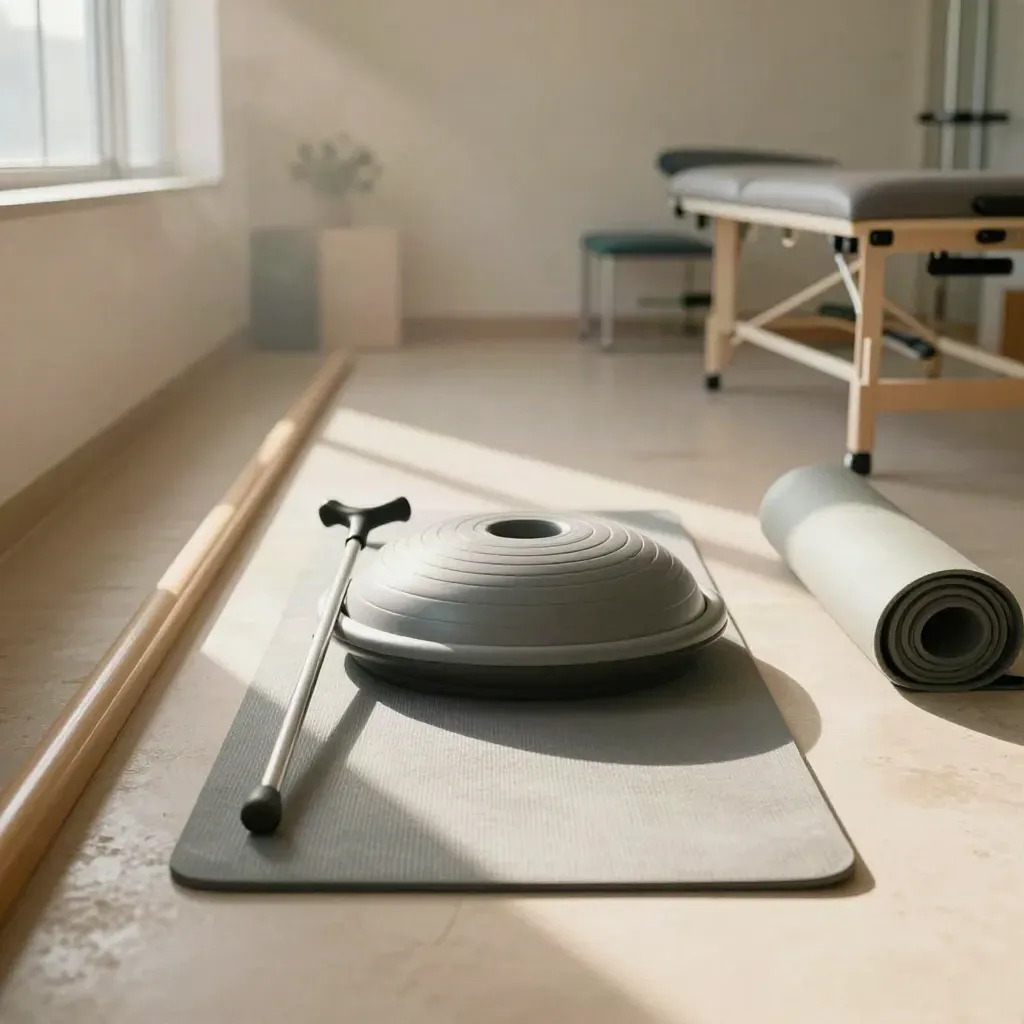 Sunlit rehab lane with balance pad, cane, therapy steps and rolled mat in a clinic