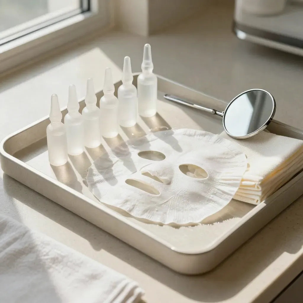 Top-down clinic tray with cooling mask, serum ampoules, folded linens, and a turned mirror.