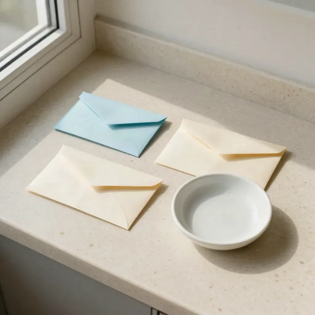 Overhead clinic booking tokens and sealed envelopes arranged in a ceramic dish.