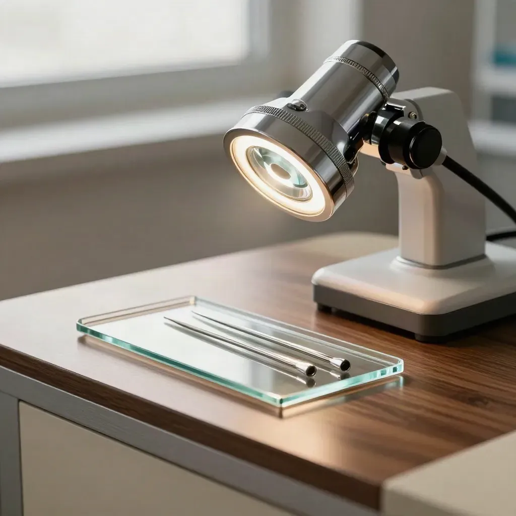 Dramatic dermatology tools on a stone surface with hard clinical light and haze.