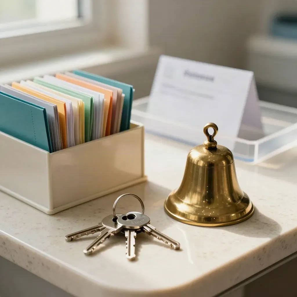 Brass bell, key rings, tabbed organizer box and teal clinic files on travertine.