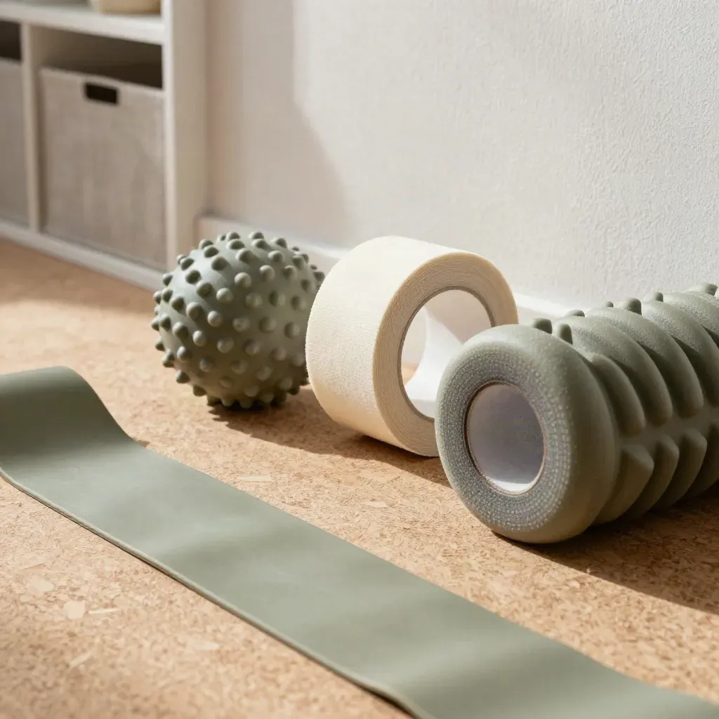 Physio rehab tools in textured close-up: band coil, massage ball, tape roll and foam roller end.