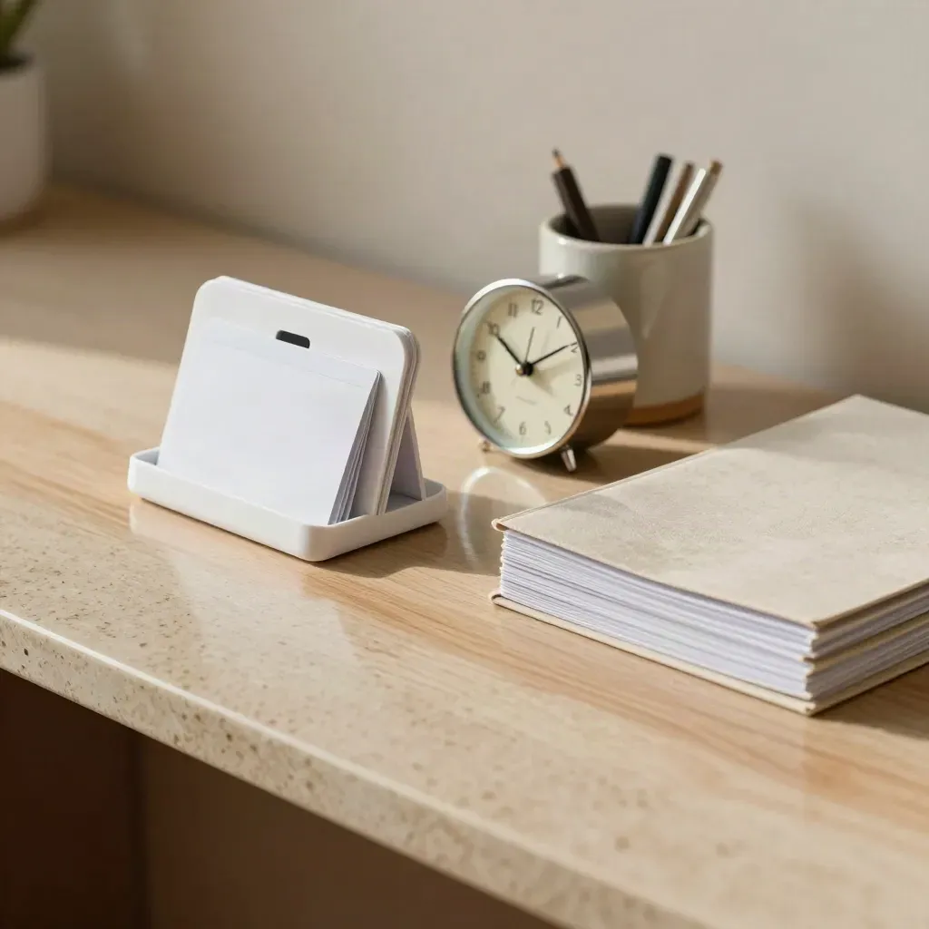 Booking desk still life with phone cradle, keycard sleeves, clock, pen cup and folder spine