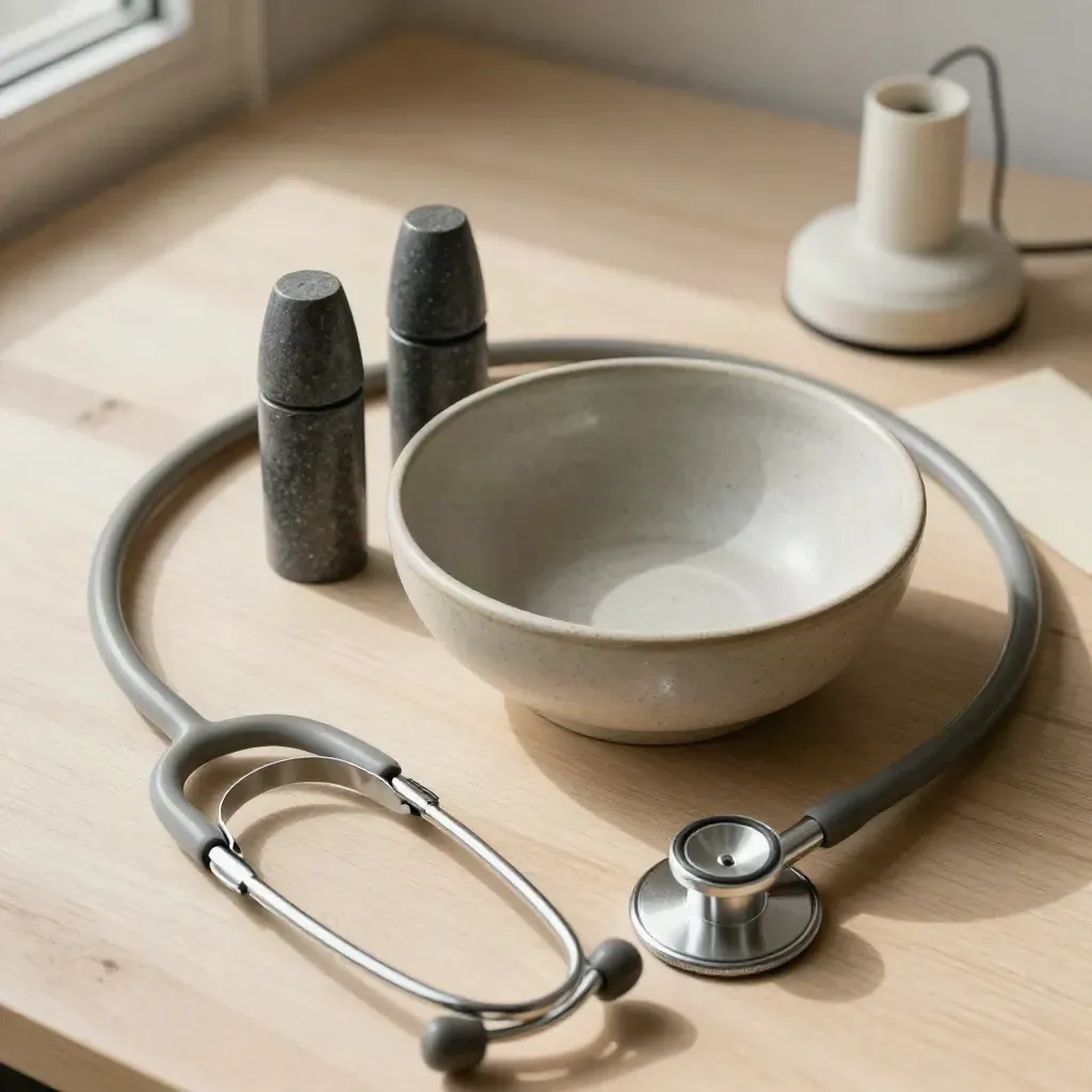 Stone markers, stethoscope, lamp and ceramic bowl on pale wood desk in soft daylight.