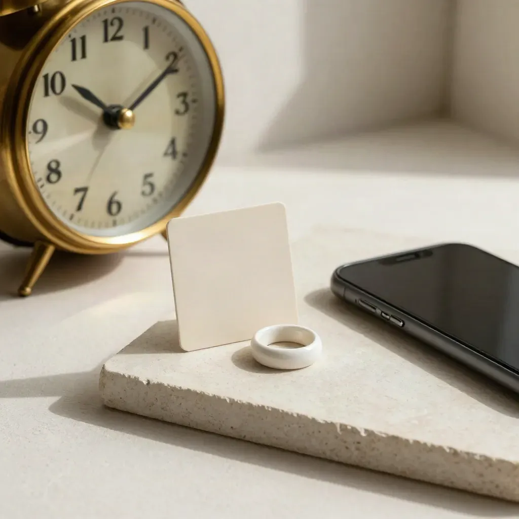 Brass clock, key card, face-down phone and ceramic token ring on a pale tray.