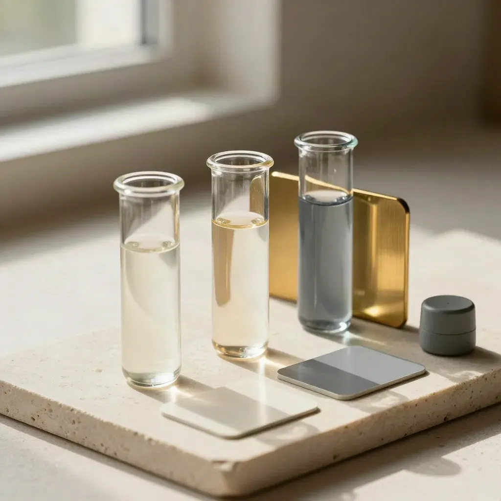 Three sample vials, swatches, brass divider, and timer on stone in a comparison row