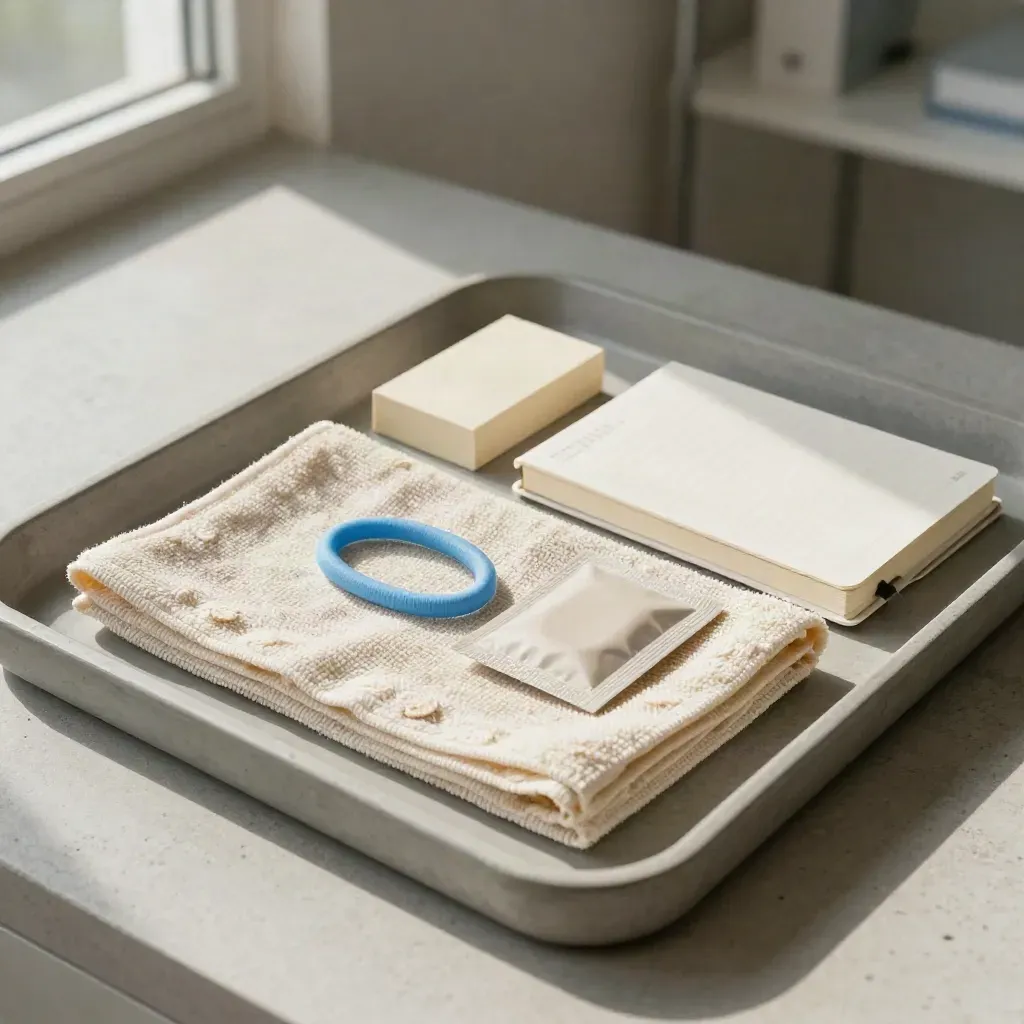 Top-down recovery kit on a stone tray: towel, loop band, heat patch, closed notebook.
