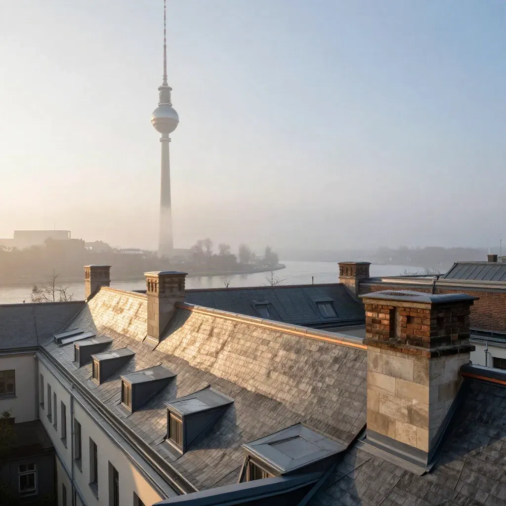 Berlin rooftops and the Fernsehturm rising through dawn mist above the Spree