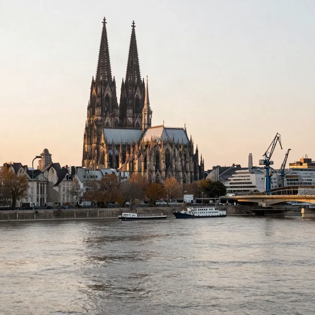 Golden-hour Cologne cathedral and Rhine cranes above a calm misty river bend.