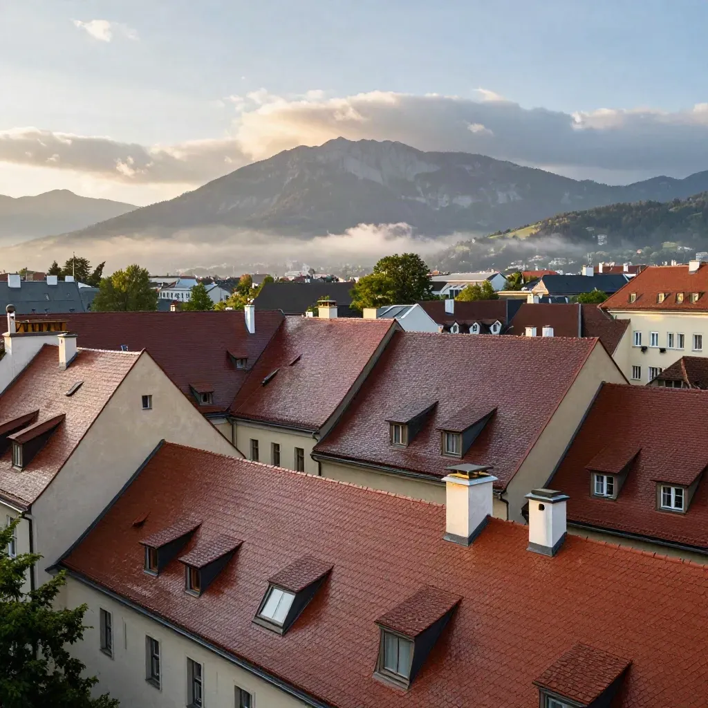 Munich rooftops and distant Alpine foothills under blue-gold post-rain evening haze