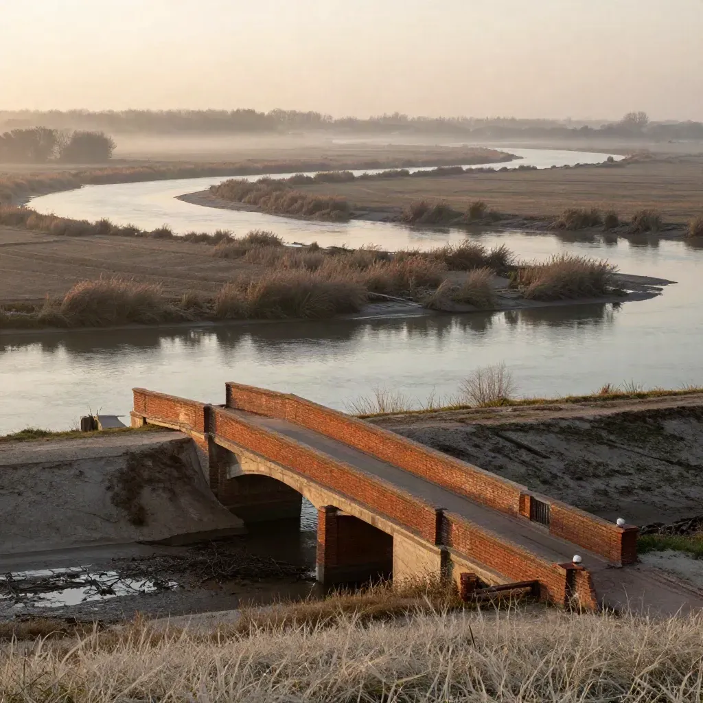 Maas river meander, brick bridge, misty floodplains and sunset haze.