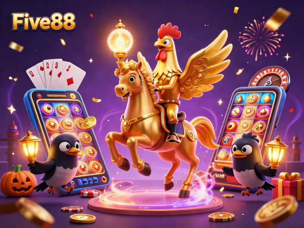Experience thrilling action at Five88 with the golden rooster and casino elements.
