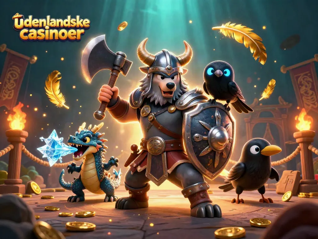 Engaging illustration of udenlandske casinoer with Viking warrior, fierce dragon, and scattered gold coins.