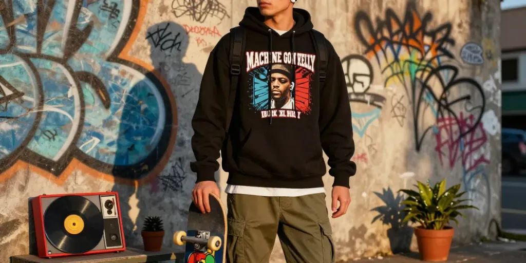 Fashion model wearing rokok 88 Machine Gun Kelly streetwear in urban setting