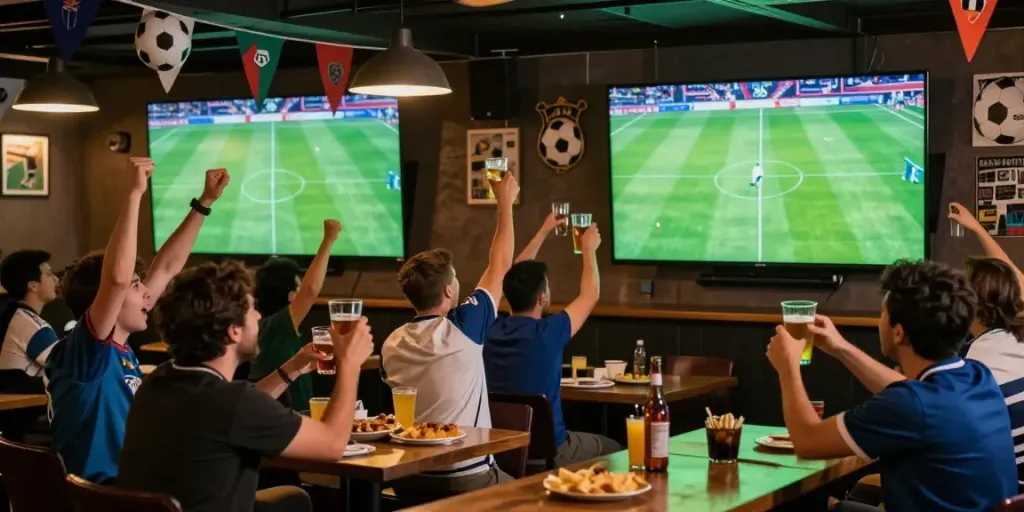 Bóng đá Socolive: Fans enjoying a lively football match at a sports bar.