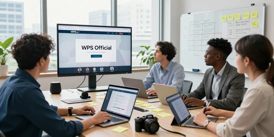 Collaboration at a modern office showcasing WPS Official Website on large screens.