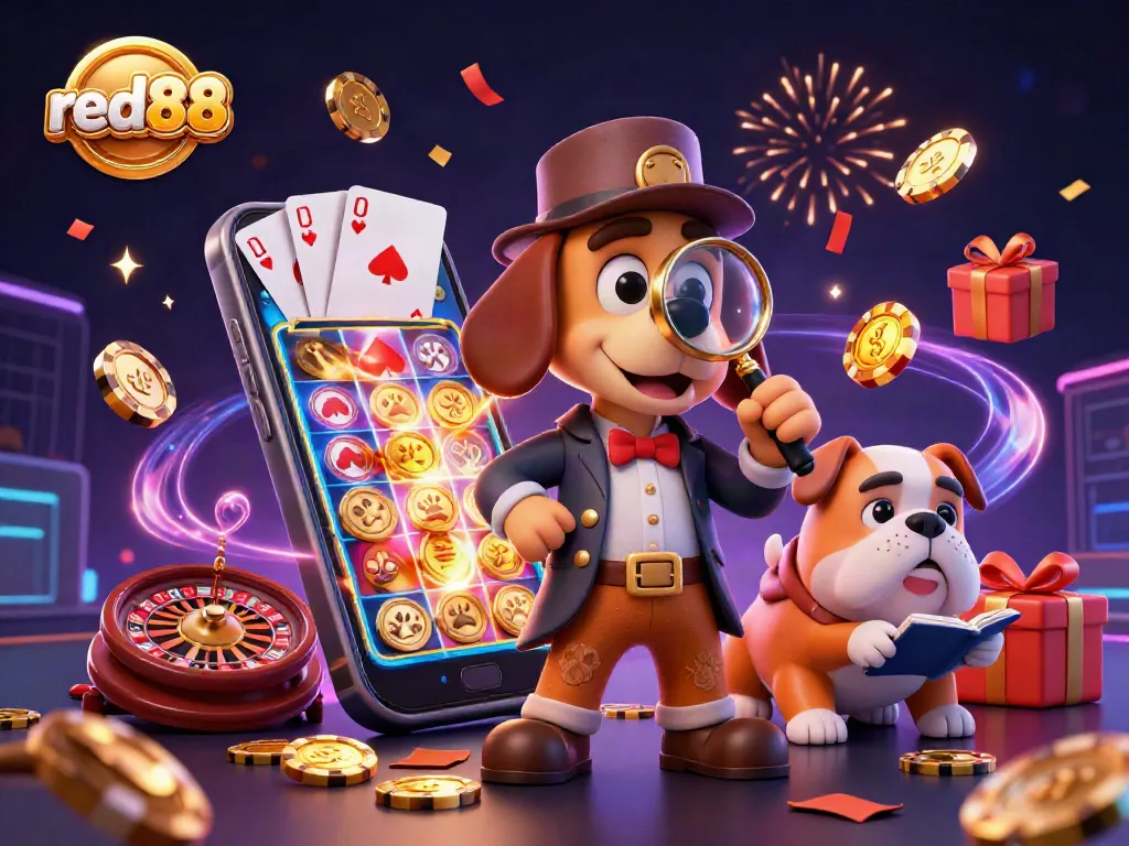 Experience the thrill of red88 casino games with a detective theme showcasing a puppy and mobile casino elements.