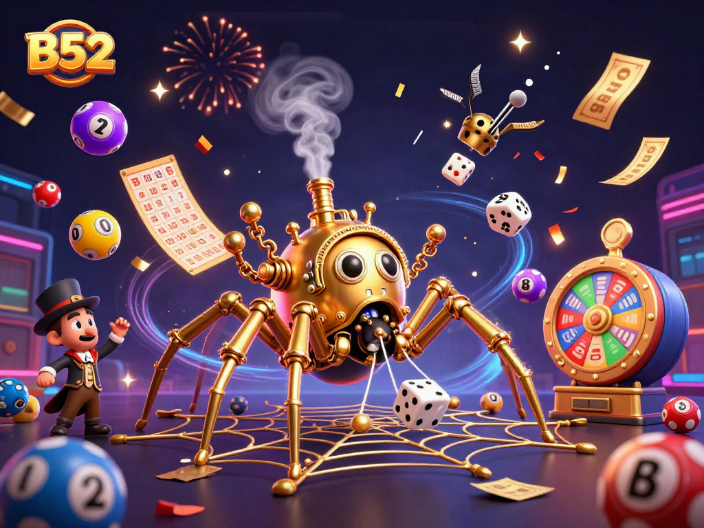 Engage with B52-themed casino fun in this vibrant, dynamic 3D illustration filled with gaming elements.