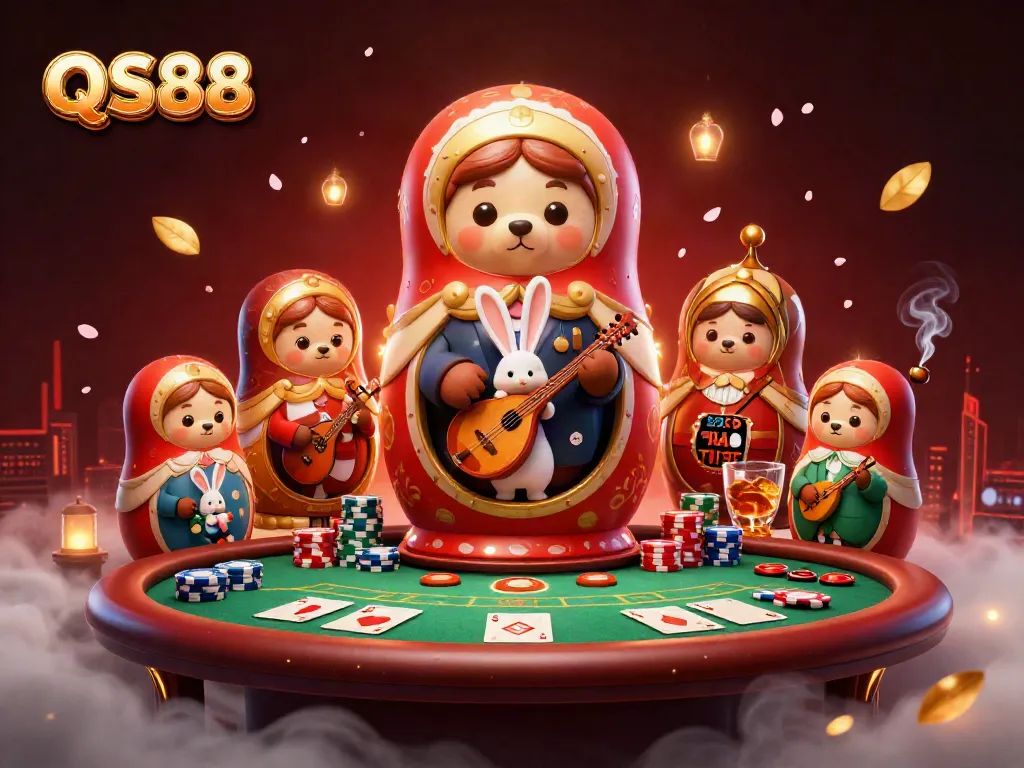 Experience the vibrant QS88 casino scene with a Matryoshka bear and dealer bears showcasing their gaming spirit.