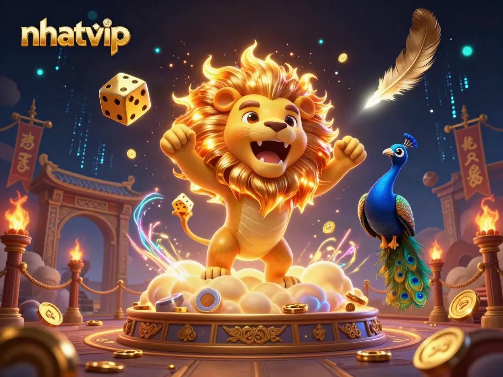 Nhatvip gaming illustration with a roaring lion and golden dice in a vibrant casino scene.