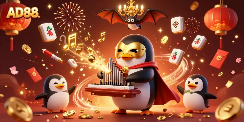 AD88 engages with a thrilling 3D casino scene featuring a penguin organist and gold shooting coins.