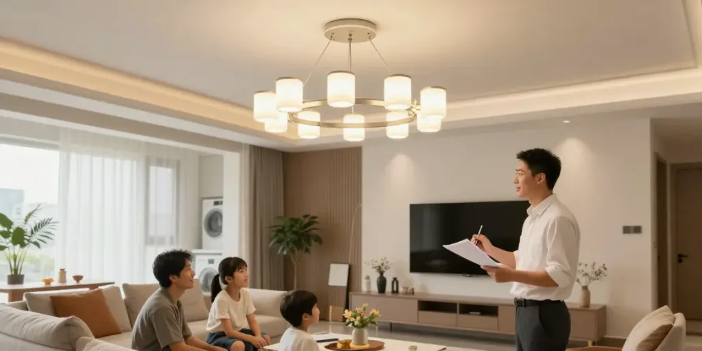 Un expert local arătând o lustra LED într-un living modern, cu design de interior elegant.