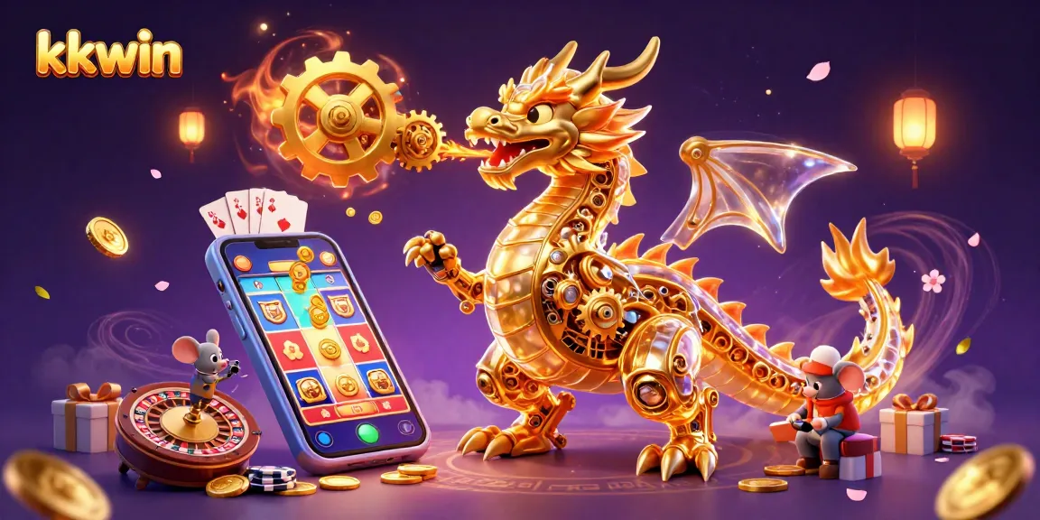 Engage with kkwin’s exciting 3D casino scene featuring a golden dragon and interactive gaming elements.