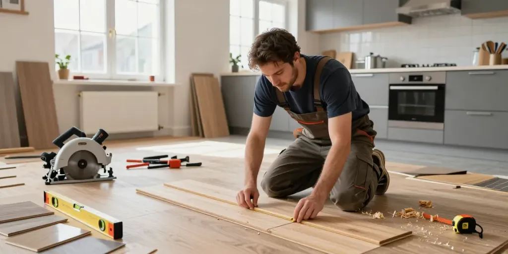 Carpenter measuring wood for floor installation reflecting Bygg Norge craftsmanship in Bergen.