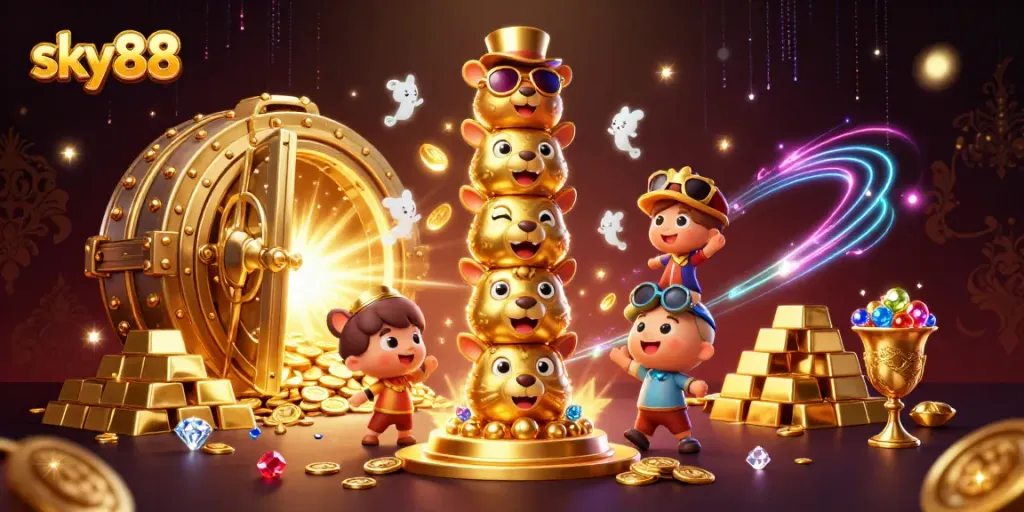 Experience thrill at sky88's dynamic casino world with cartoon totem and treasure!