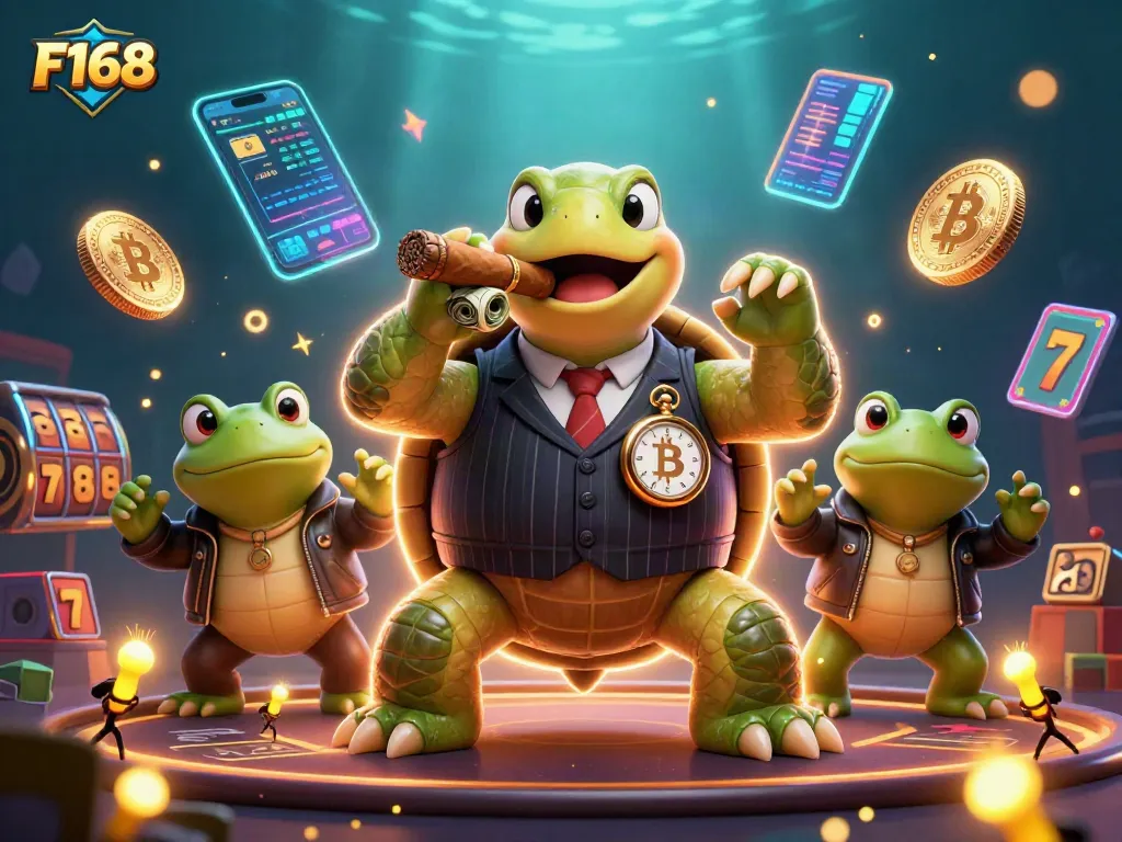 Spin the reels with F168 featuring a snapping turtle mobster and frog enforcers in a vibrant casino.