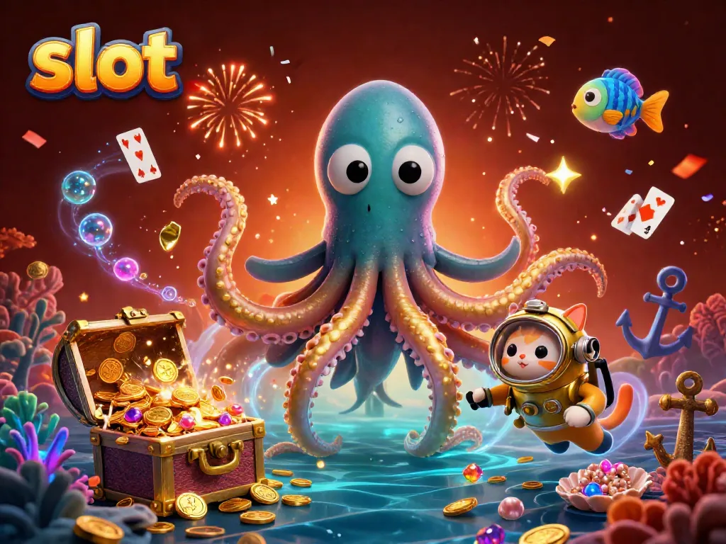 Experience thrilling slot action with a colossal kraken, diving cat, and vibrant treasure in this dynamic scene.