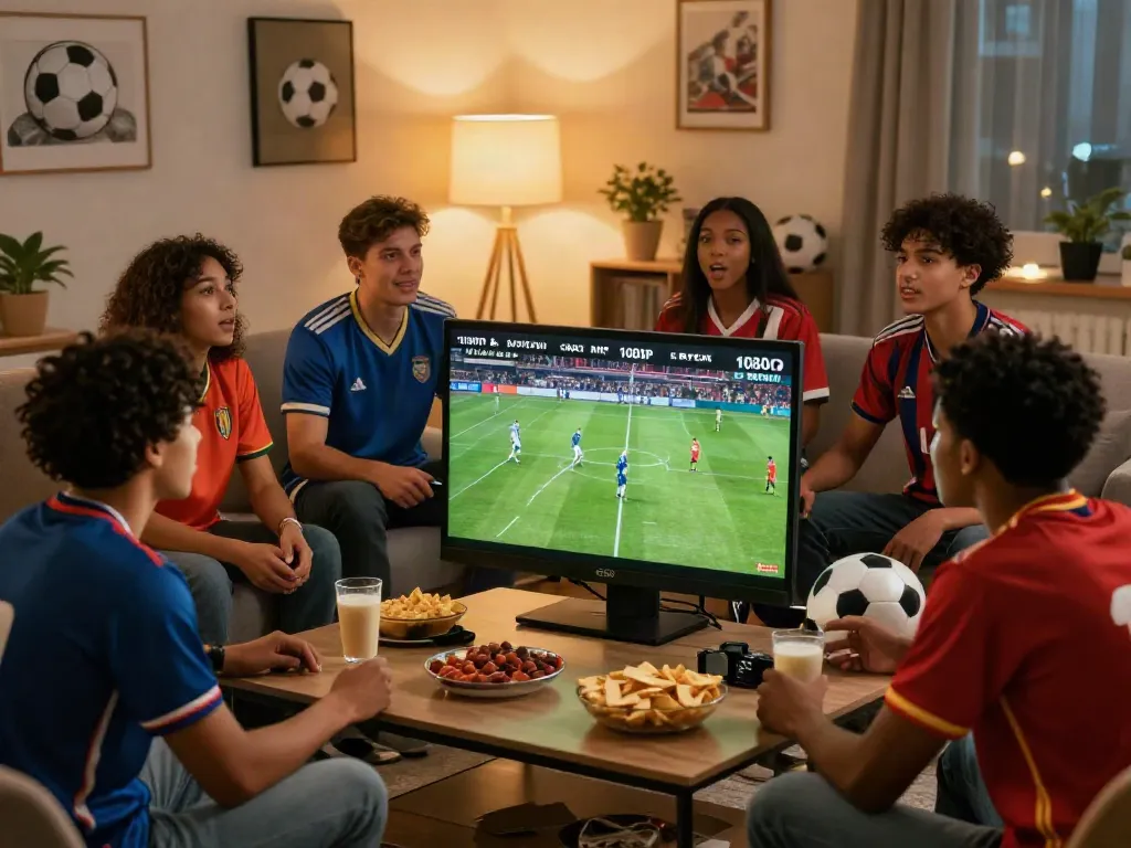 Friends enjoying thập cẩm tv live football match in a cozy setting.