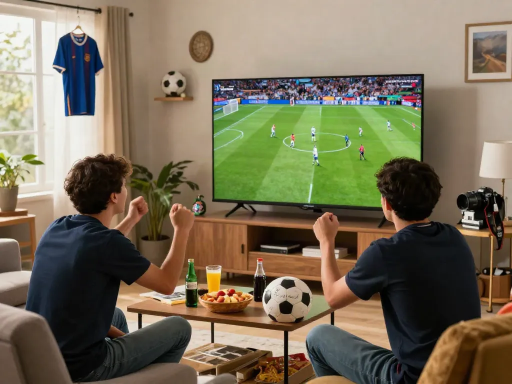 Football fan enjoying cà khại tv live match in a vibrant living room with exciting atmosphere.
