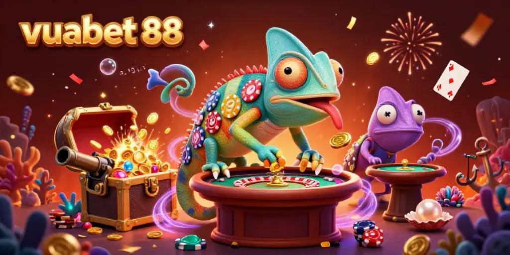 Experience exciting gameplay at vuabet 88 with a colorful chameleon casino owner among treasure and gaming elements.