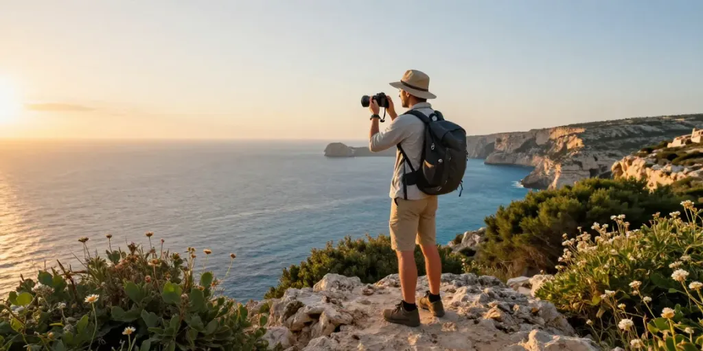 Gozo tours capturing a traveler overlooking the Mediterranean Sea at sunset.