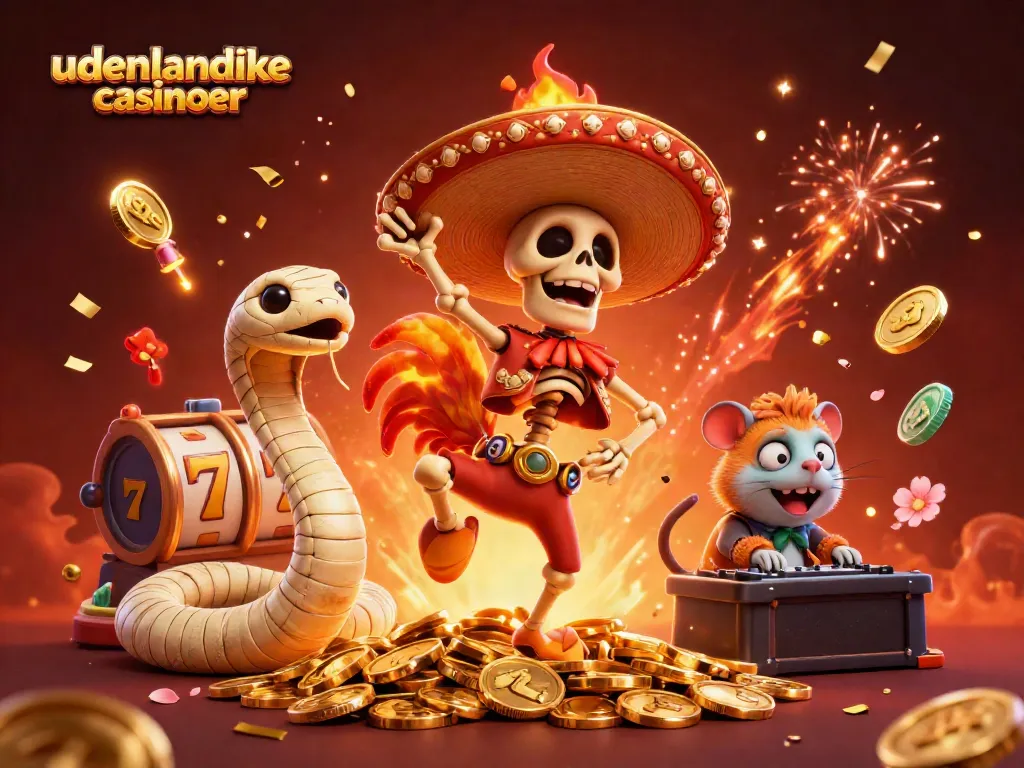 Engage with udenlandske casinoer through a vibrant party of characters celebrating with gold coins.