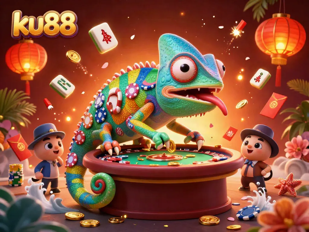 Engage in thrilling gameplay at ku88 with a chameleon casino owner catching golden coins and festive elements.