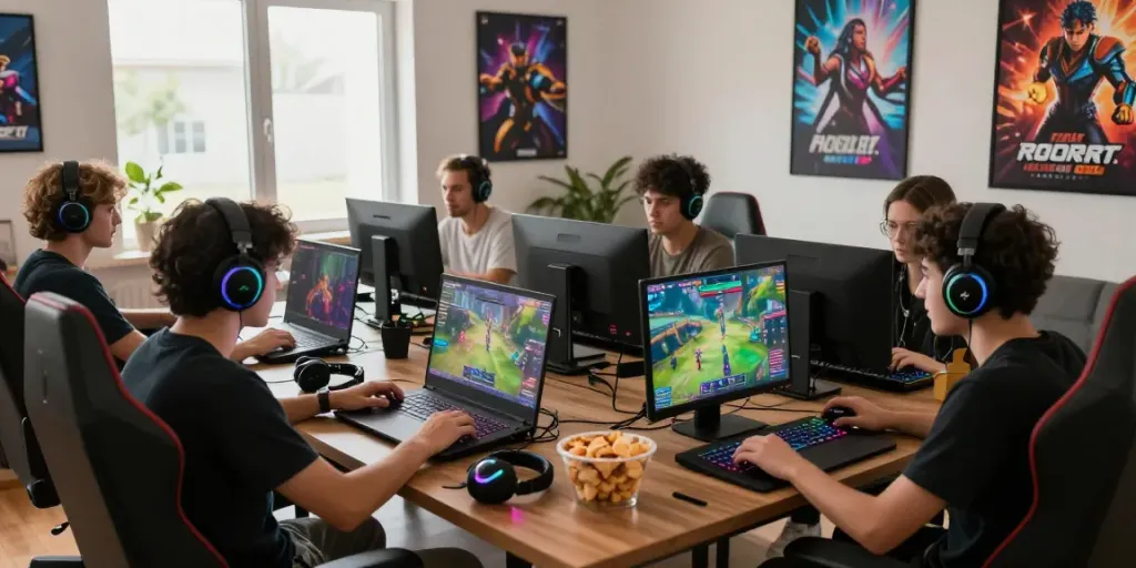 Engaged gamers enjoying rokok88's thrilling online experience in vibrant setups.